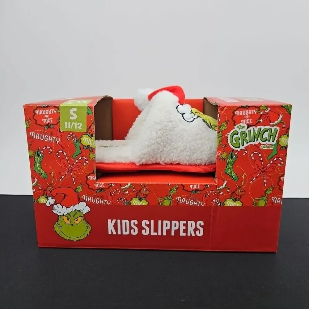 Dr. Seuss Grinch Christmas Holiday Santa Hat Slippers Kids Small‎ Size 11/12 New